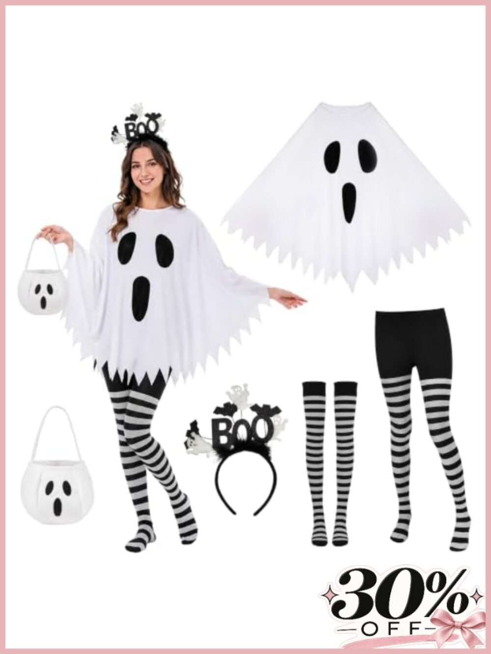 Women's Ghost Costume Set Poncho Headband Tights Socks Halloween
